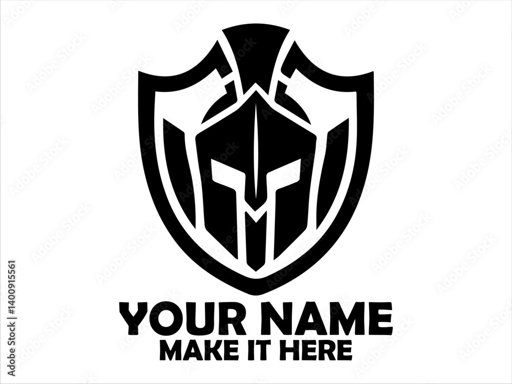 Stylized black and white emblem featuring a Spartan helmet silhouette within a shield shape. Warrior concept, spartan logo vector design Stylized black and white emblem featuring a Spartan helmet silhouette within a shield shape. Warrior concept, spartan logo vector design