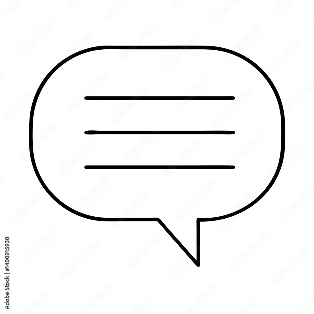 Simple Black Outline Speech Bubble with Three Lines of Text Inside Representing a Message or Communication Simple Black Outline Speech Bubble with Three Lines of Text Inside Representing a Message or Communication
