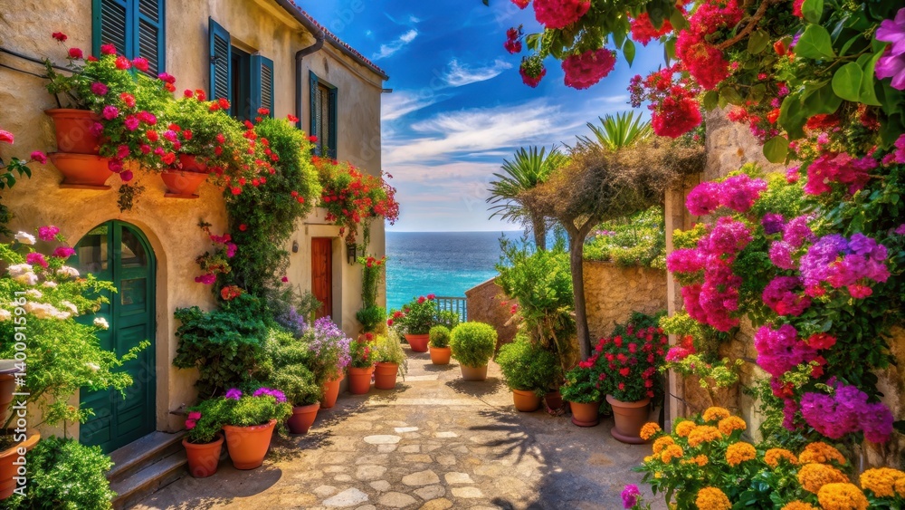 Fototapeta premium Italian courtyard by the Mediterranean sea with vibrant colorful flowers, colorful, sunny, colorful, sunny, Italy