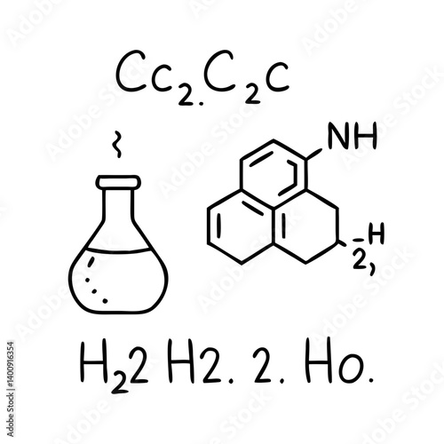 Hand Drawn Chemistry Illustration with Flask and Chemical Formula of Naphthylamine