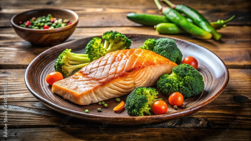 A juicy fried salmon steak sits atop a wooden table covered with steamed vegetables such as broccoli and carrots A juicy fried salmon steak sits atop a wooden table covered with steamed vegetables such as broccoli and carrots