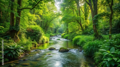 stream flowing through dense foliage, calm surroundings