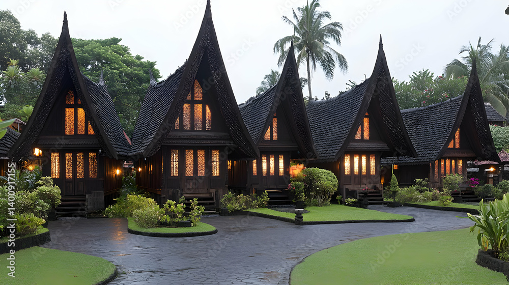 Traditional Dark Wooden Architecture in a Village with Intricate Roof Designs Against a Green Foliage Background in Evening