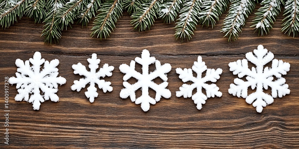 Winter Snowflake Arrangement on Rustic Wooden Surface with Fir Branches Winter Snowflake Arrangement on Rustic Wooden Surface with Fir Branches