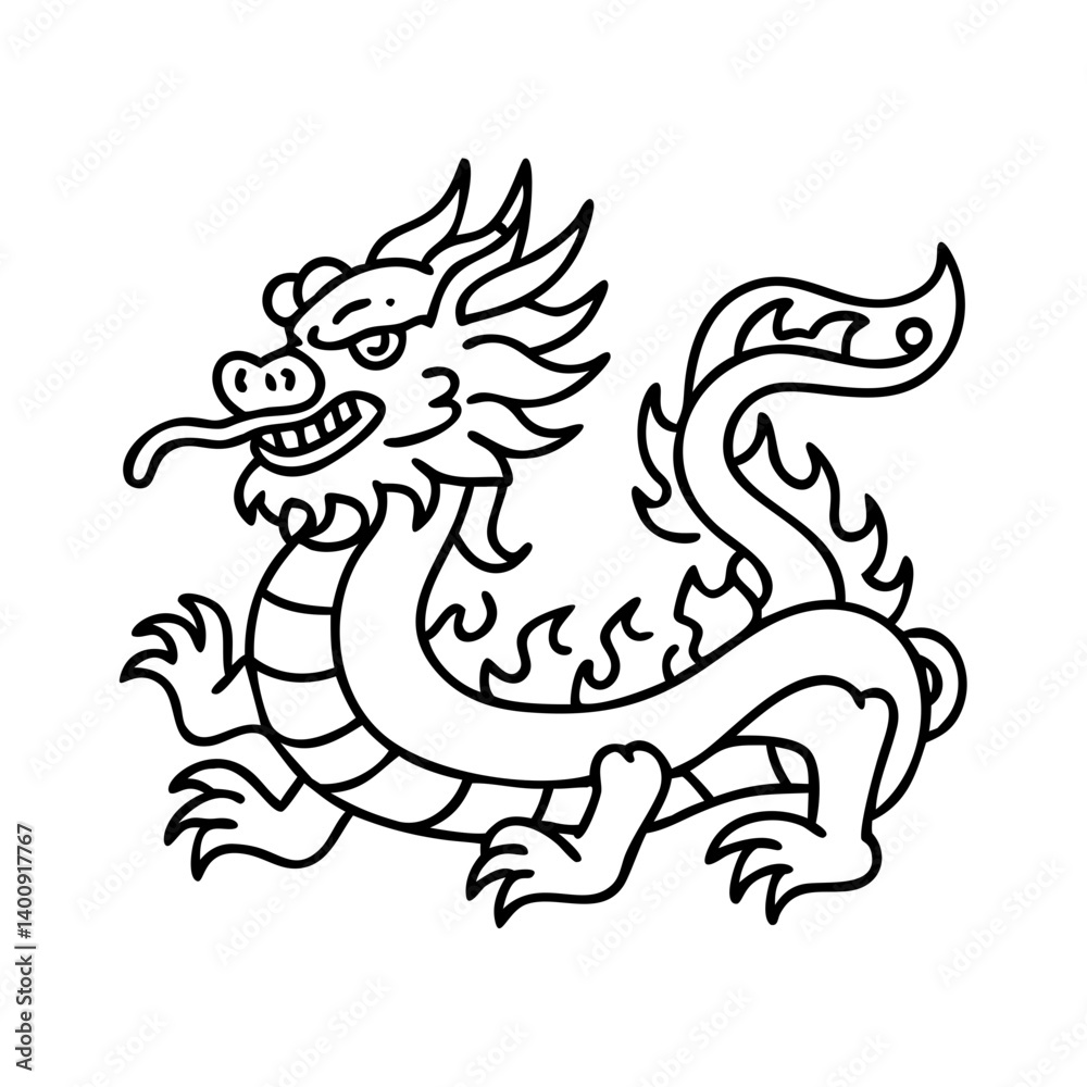 A Line Drawing of a Chinese Dragon Mythical Creature with Fiery Details A Line Drawing of a Chinese Dragon Mythical Creature with Fiery Details