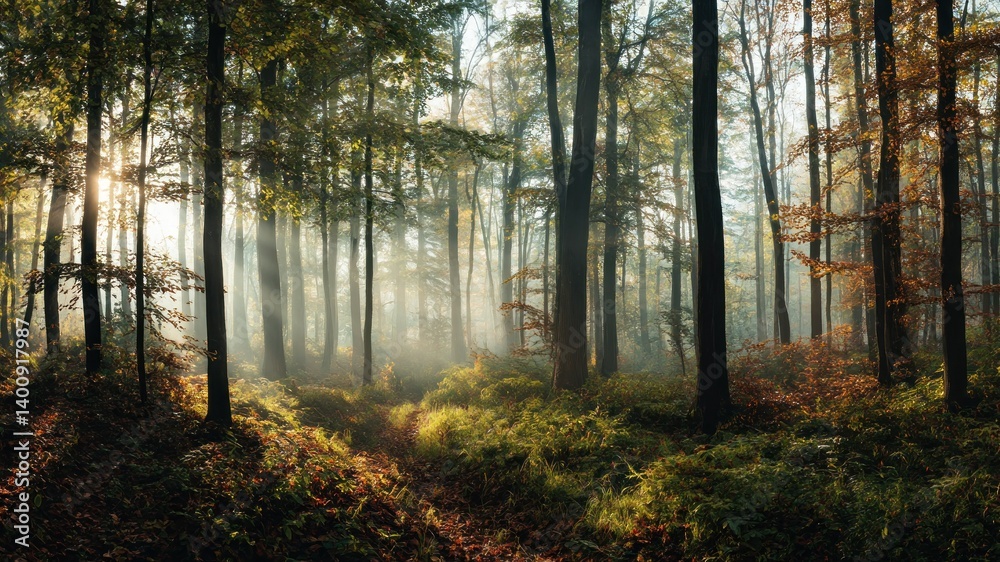 Obraz premium Sun rays cutting through the trees in a mystical and peaceful forest.