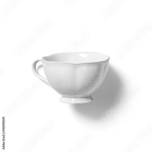A simple white porcelain cup with a handle, perfect for serving hot beverages like tea or coffee.