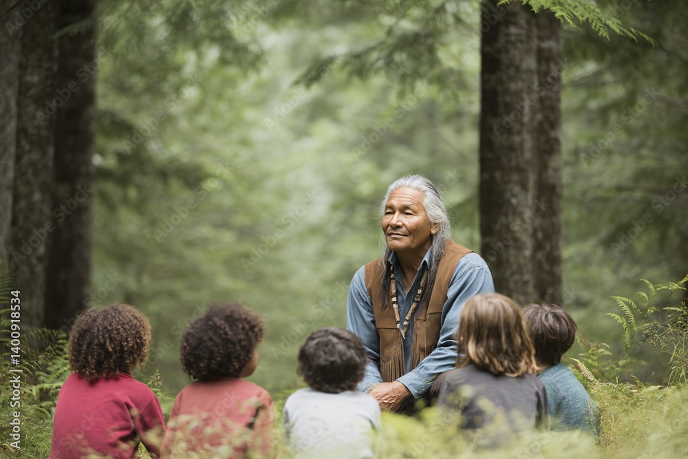 Native american elder teaching children about nature in forest setting educational content peaceful atmosphere