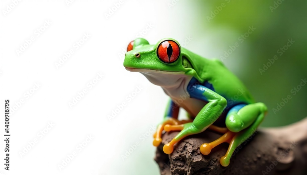 Green tree frog perched on white, vibrant colors, reptile, bright, background Green tree frog perched on white, vibrant colors, reptile, bright, background