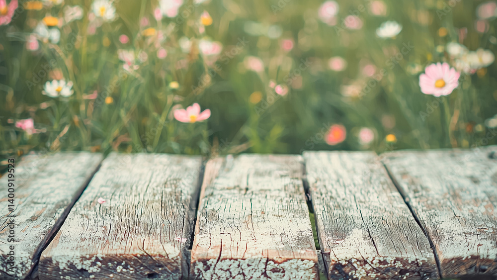 A wooden table with aged, cracked paint, surrounded by wildflowers background, ample copy space above