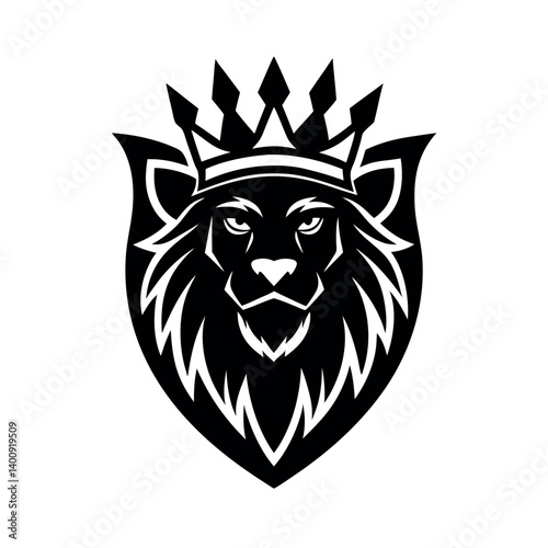 Powerful lion head with crown, bold graphic design