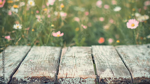 Obraz na płótnie A wooden table with aged, cracked paint, surrounded by wildflowers background, ample copy space above w salonie
