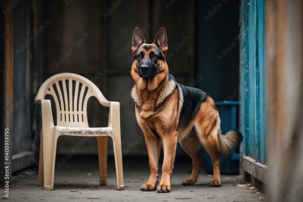 A German Shepherd standing beside a plastic chair, showcasing its alert pose and rich fur tones in an urban setting. A German Shepherd standing beside a plastic chair, showcasing its alert pose and rich fur tones in an urban setting.