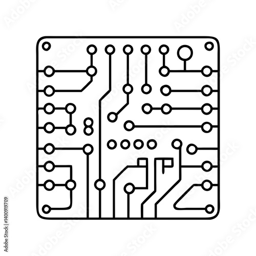 A Simple Line Drawing of a Printed Circuit Board with Integrated Circuits and Electronic Components