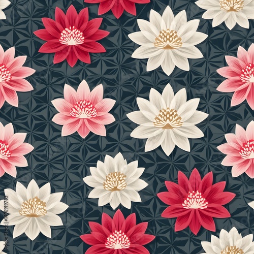 Colorful Floral Pattern with Red and White Lotus Flowers on Dark Background