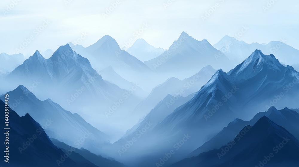 Misty mountain peaks with a blank sky and soft lighting, ideal for poster backgrounds Misty mountain peaks with a blank sky and soft lighting, ideal for poster backgrounds