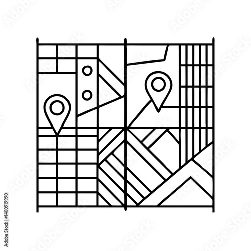 Simple Black and White Illustrated Map with Location Markers Showing Different Terrain Types and City Grids