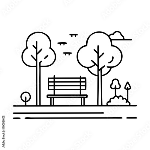 Peaceful Park Scene with Bench Under Trees and Small Plants