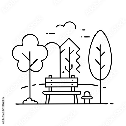 A Simple Line Drawing of a Park Scene with a Bench and Trees