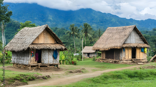 Traditional Thatched Huts in a Rural Village Featuring Lush Green Landscape with Rolling Green Mountains and Cloudy Sky on a Sunny Day