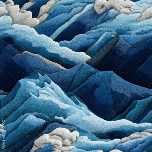 Abstract Blue Mountain Range with Textured Layered Waves Design