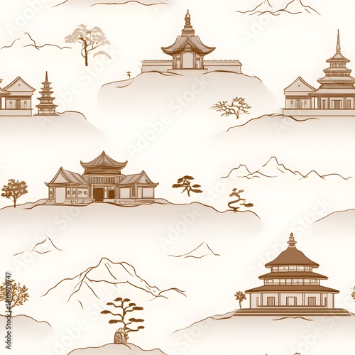 Serene Asian Landscape with Traditional Buildings and Nature Elements