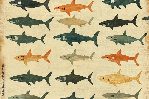 Miniature sharks forming a repeated pattern across a vintage wallpaper