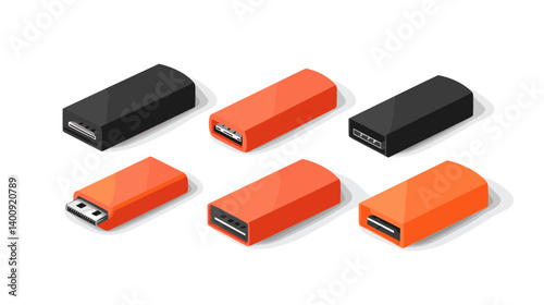 Isometric Illustration of Black and Orange USB Flash Drives