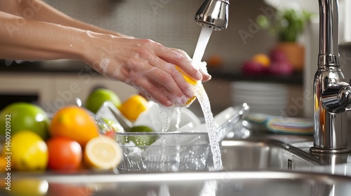 Fototapeta Naklejka Na Ścianę i Meble -  washing fruits and vegetables under running water