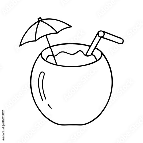 Refreshing Coconut Drink with Umbrella and Straw Tropical Summer Beverage Illustration