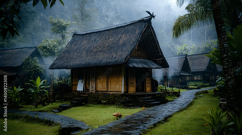 Traditional Thatched Roof Houses in Lush Green Tropical Village in Rainy Weather with Stone Pathway for Adobe Stock Photo