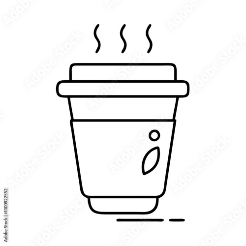 A steaming hot cup of tea in a disposable paper cup with a leaf design