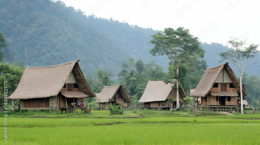 Traditional Thatched Roof Houses in Rural Setting with Lush Green Rice Fields Under Soft Lighting in Southeast Asia