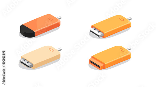 Isometric Pixel Art Illustration of Four USB Flash Drives in Orange and Beige