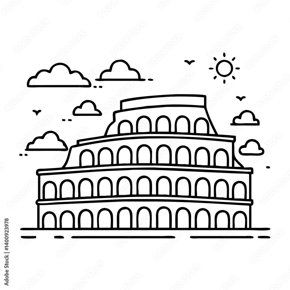 Fototapeta premium Line Art Illustration of the Colosseum Under a Sunny Sky with Clouds and Birds