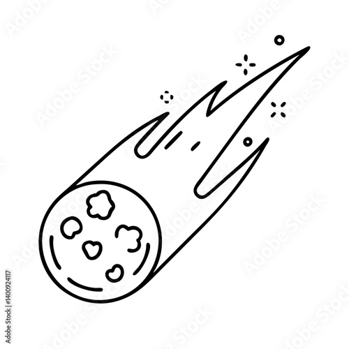 Line art drawing of a fiery meteoroid falling from space