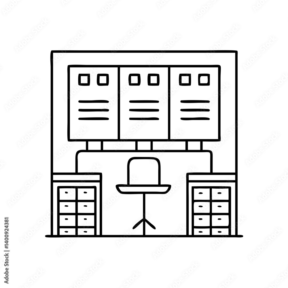 Modern Office Workspace with Integrated Bulletin Board and Storage Modern Office Workspace with Integrated Bulletin Board and Storage