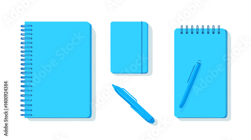 Light Blue Stationery Mockup: Notepads Pens and Notebook Flatlay
