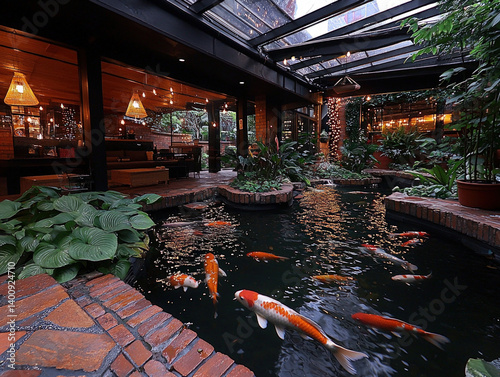 A serene scene of koi fish ...