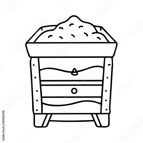 A detailed line drawing of a wooden compost bin filled with organic material