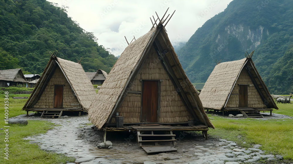 Traditional Thatched Roof Huts in Rural Village Surrounded by Lush Greenery and Distant Mountains Under Overcast Sky on a Sunny Day