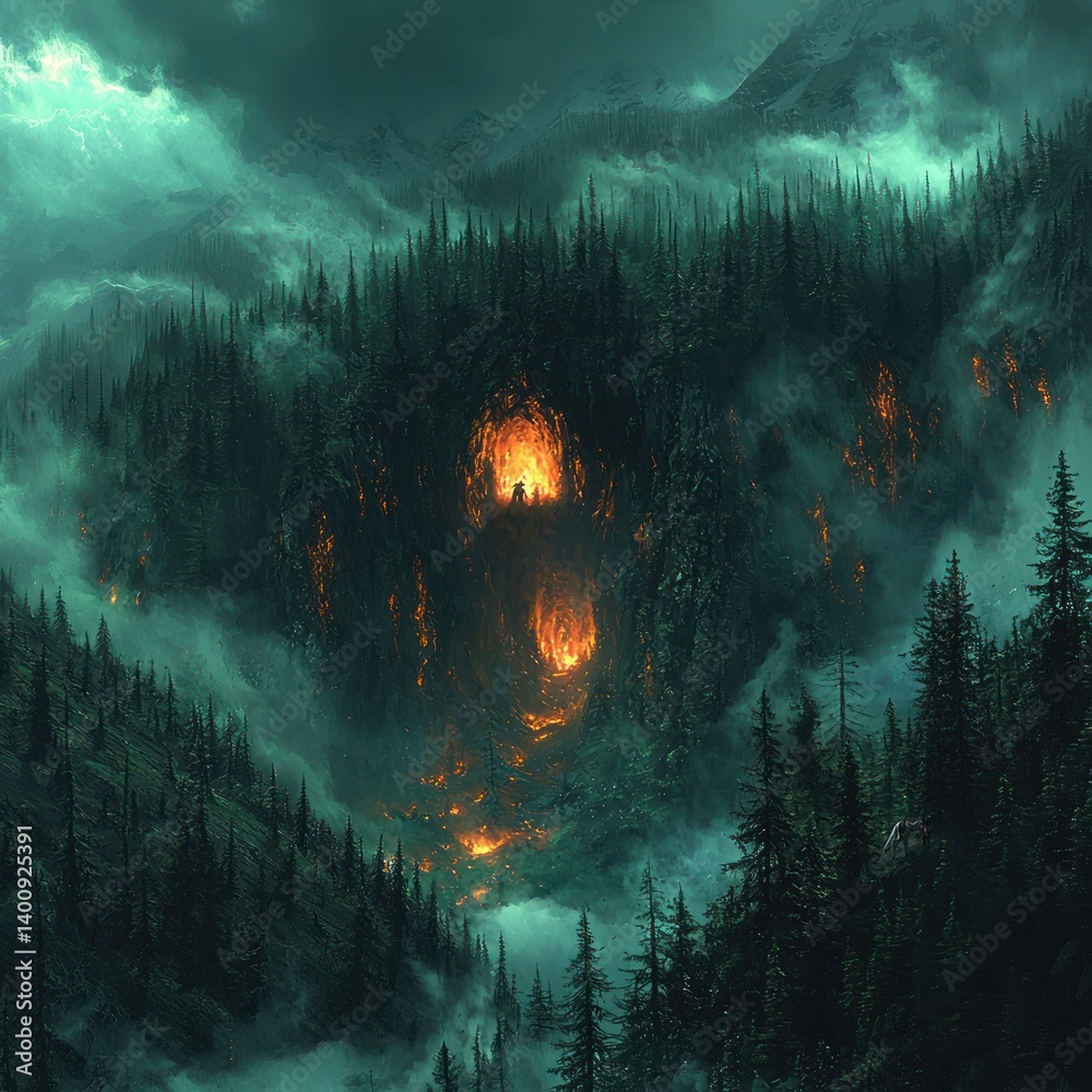 Obraz premium Eerie Forestscape with Mysterious Glowing Orbs and Silhouetted Figure
