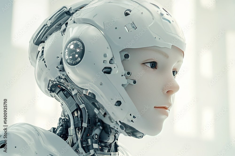 Artificial intelligence in the humanoid head. Artificial Intelligence, Robotics, Technology, Innovation, Science, Futuristic, Cyborg, Machine, Robotic, Future, Generative Ai, Digital, Concept Artificial intelligence in the humanoid head. Artificial Intelligence, Robotics, Technology, Innovation, Science, Futuristic, Cyborg, Machine, Robotic, Future, Generative Ai, Digital, Concept