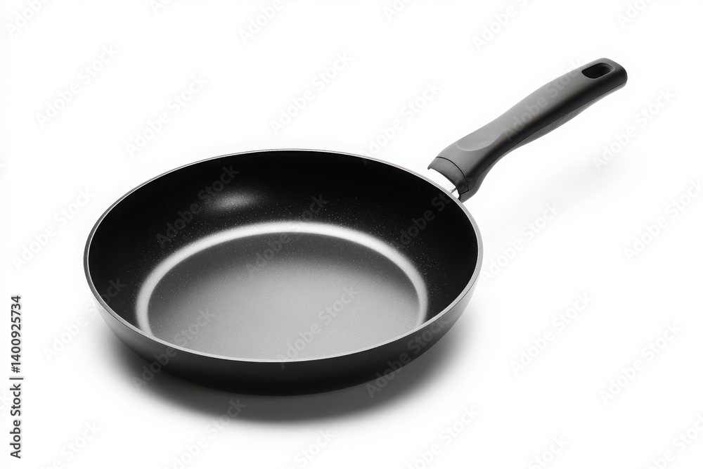 A single skillet with a handle resting isolated on white background A single skillet with a handle resting isolated on white background