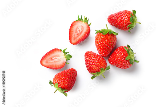 Fresh strawberries with cut in half isolated on white.