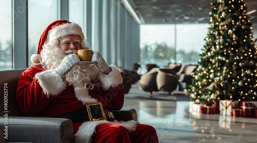 Santa Claus taking break in a modern business lounge sipping coffee beside a stylish Christmas tree