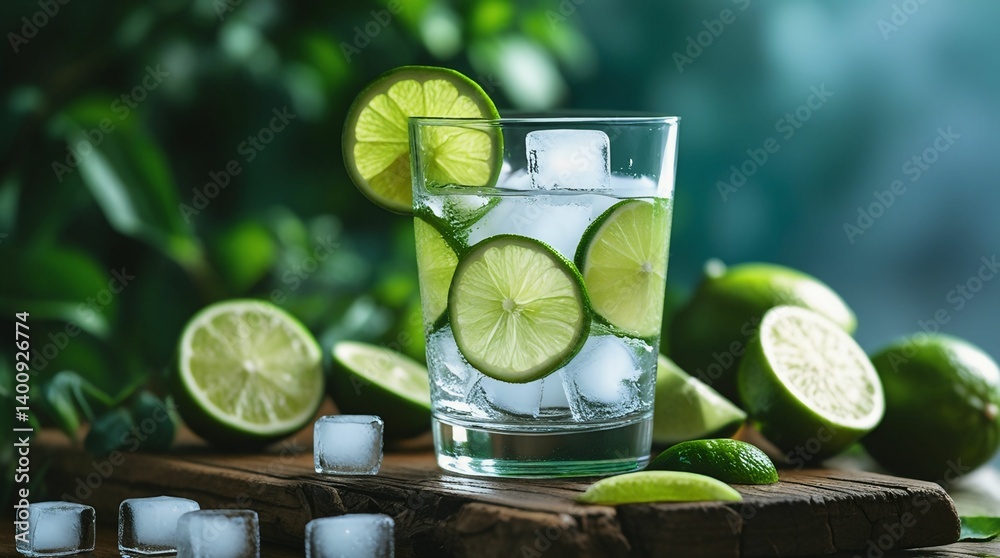 Refreshing Lime Water with Ice Cubes on Wooden Board