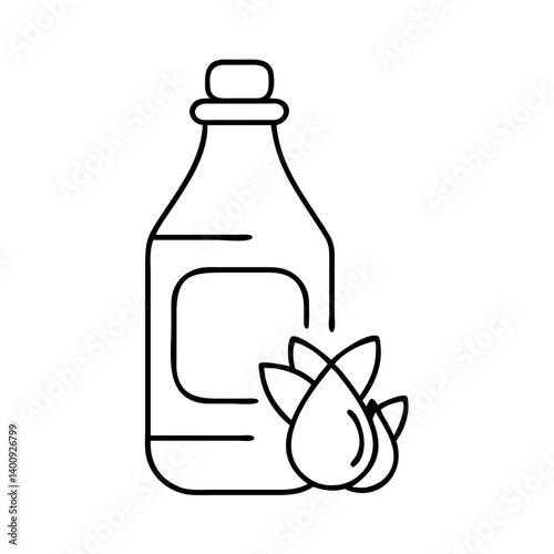 A bottle of natural essential oil with leaves depicting its origin