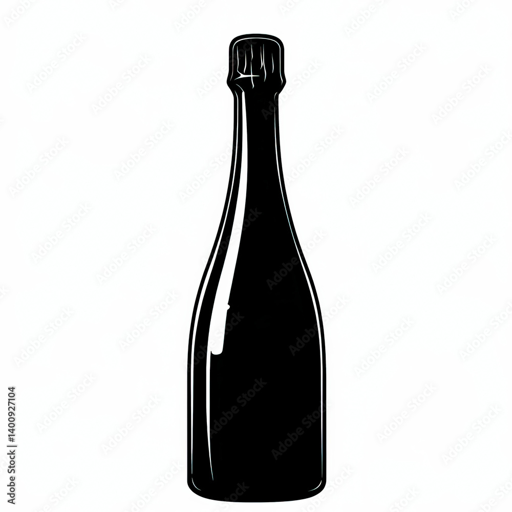 champagne bottle silhouette , black and white illustration isolated on white background