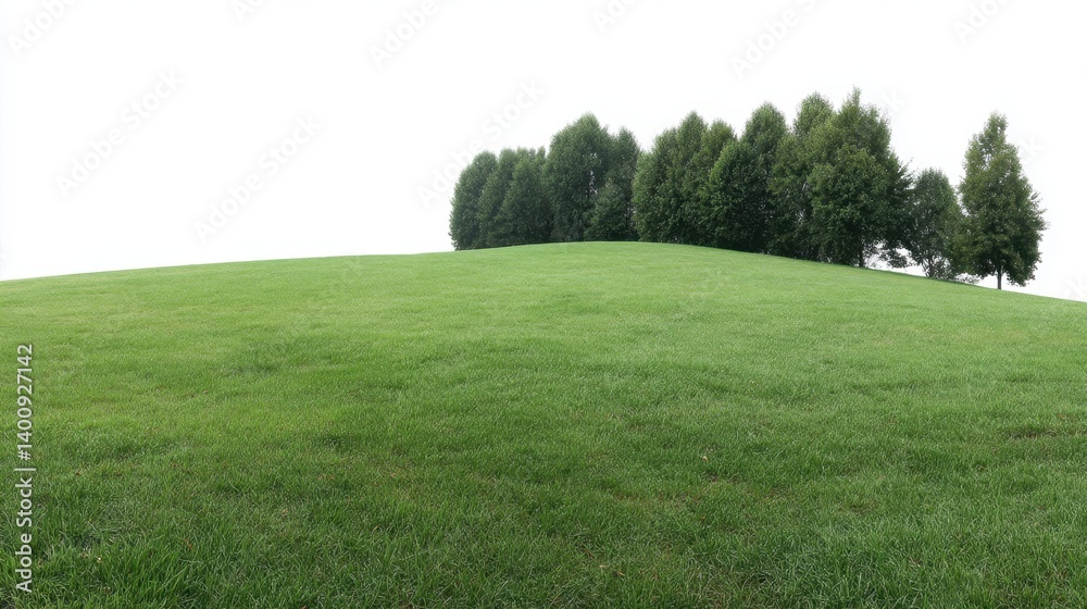 Green grassy hill with trees on top under white sky Green grassy hill with trees on top under white sky